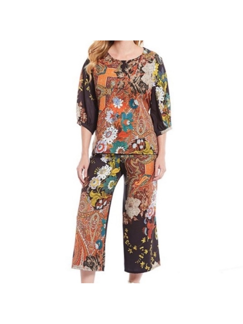 bryn Walker Floral Paisley Wide-Leg Crop Pants and Top 2 Piece Matching Set